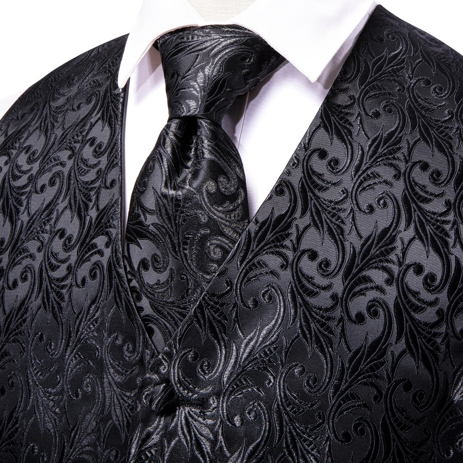 Hi-Tie Black Men Silk Vest Paisley Jacquard Necktie Hankerchief Cufflinks Sets Male Sleeveless V-Neck Waistcoat Business Formal Good Vibrations
