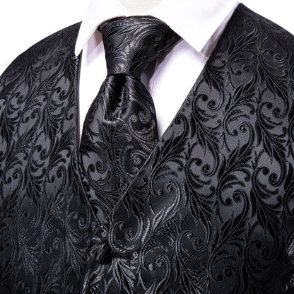 Hi-Tie Black Men Silk Vest Paisley Jacquard Necktie Hankerchief Cufflinks Sets Male Sleeveless V-Neck Waistcoat Business Formal Good Vibrations