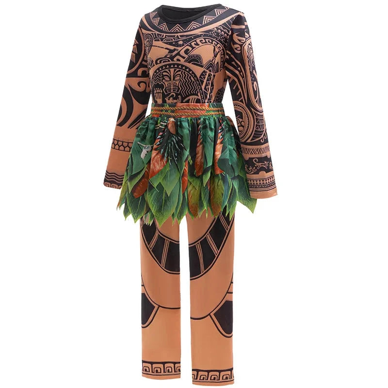 Disney Moana 2 Maui Cosplay Jumpsuits Tattoo Costume Boys Girls Maui Print Leaf Suits Movie Character Halloween Costume 2-10Yrs Good Vibrations