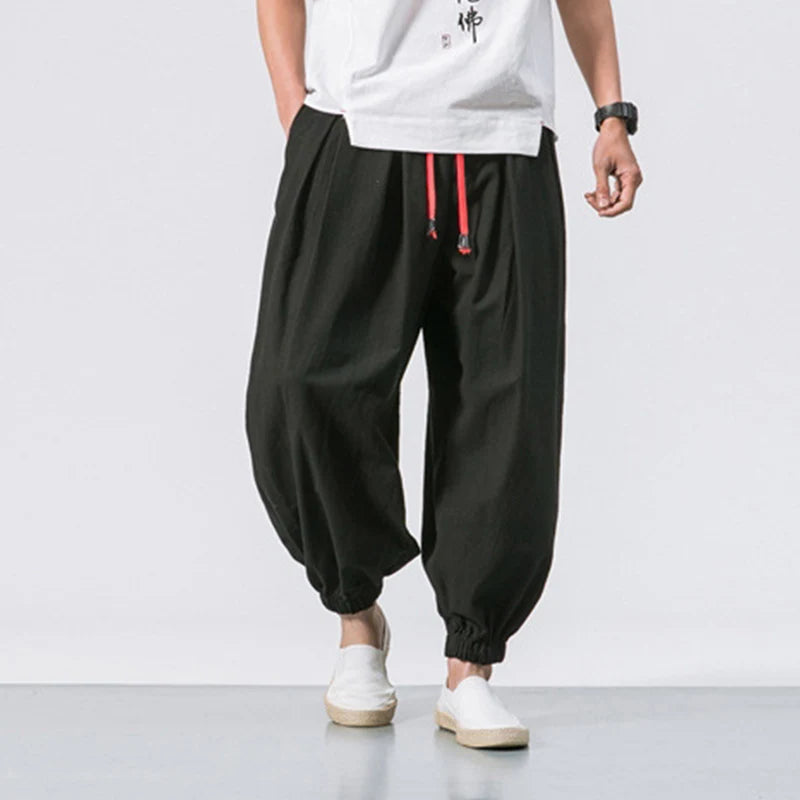 Cotton Linen Harem Pants Men Solid Elastic Waist Streetwear Joggers 2023 New Baggy Drop-crotch Pants Casual Trousers Men Good Vibrations