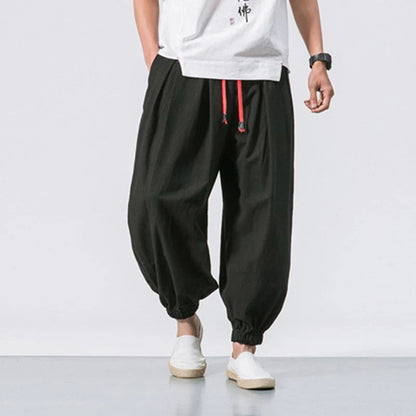 Cotton Linen Harem Pants Men Solid Elastic Waist Streetwear Joggers 2023 New Baggy Drop-crotch Pants Casual Trousers Men Good Vibrations