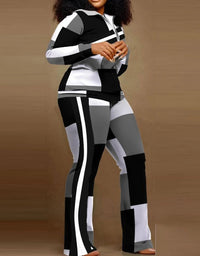 Two Piece Set Women Outfit 2023 Autumn Fashion Geometric Print Stand Collar Long Sleeve Zip Up Top & Casual Sporty Pants Set Good Vibrations