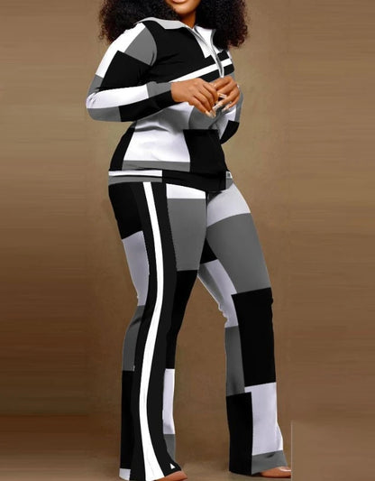 Two Piece Set Women Outfit 2023 Autumn Fashion Geometric Print Stand Collar Long Sleeve Zip Up Top & Casual Sporty Pants Set Good Vibrations
