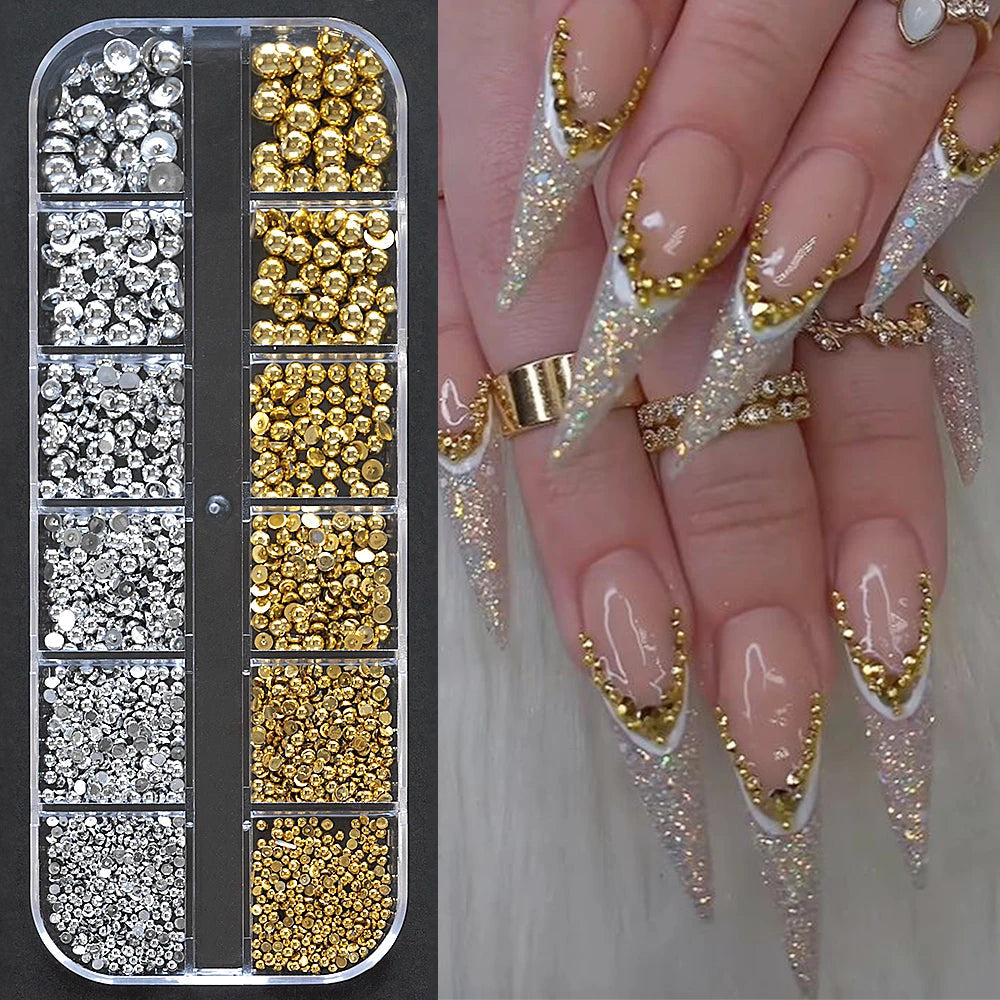 12Grid 3D Gold Ocean Rivet Nail Charms Mixed Seahorsea/Starfish /Conch Pearl/Mini Caviar Beads/Rhinestone Nail Jewery Decoration Good Vibrations