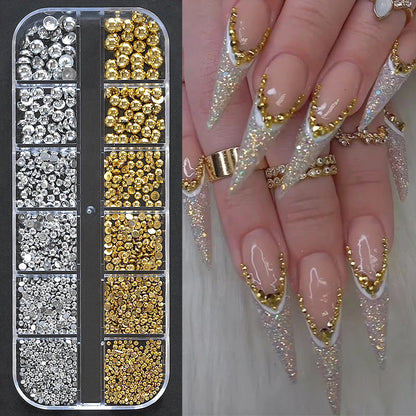 12Grid 3D Gold Ocean Rivet Nail Charms Mixed Seahorsea/Starfish /Conch Pearl/Mini Caviar Beads/Rhinestone Nail Jewery Decoration Good Vibrations