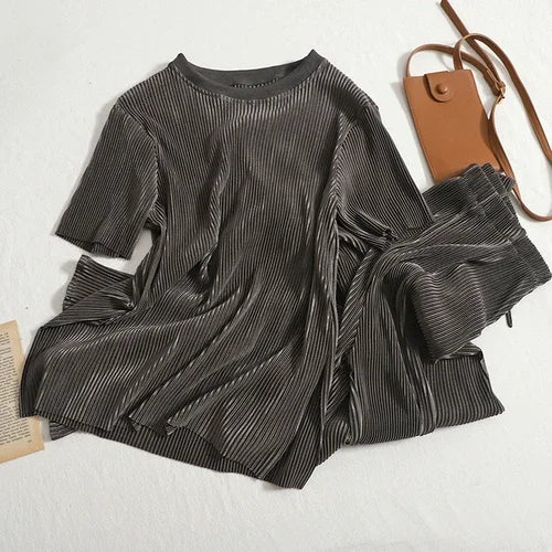Two-piece Set Casual Pants Suit Female 2026 Summer New Temperament O Neck T-shirt  + High Waist Slit Wide Leg Pants Womens Good Vibrations