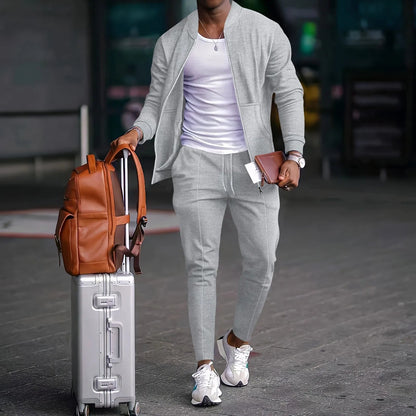 2026 new spring and autumn men stand collar solid color baseball casual Waffle full pants two men's suit men's wear Good Vibrations