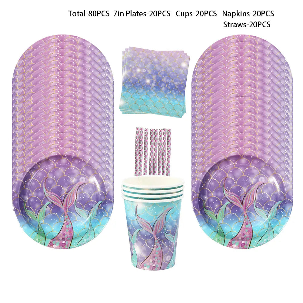Mermaid Birthday Decorations Girl Disposable Paper Plates Cups Napkins Plastic Straws Baby Shower Wedding Party Supplies Good Vibrations