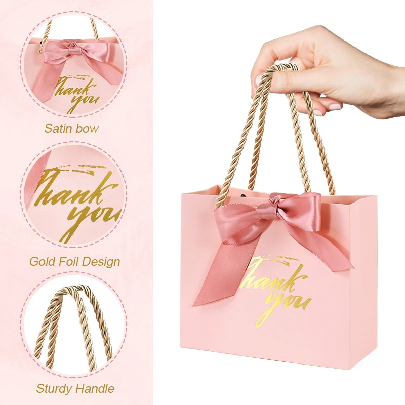 20/30/50pcs Thank You Gift Bags Reusable Paper Party Bags with Handles Gold Bow Ribbon Mini Pink Party Favor Bags for Birthday Good Vibrations