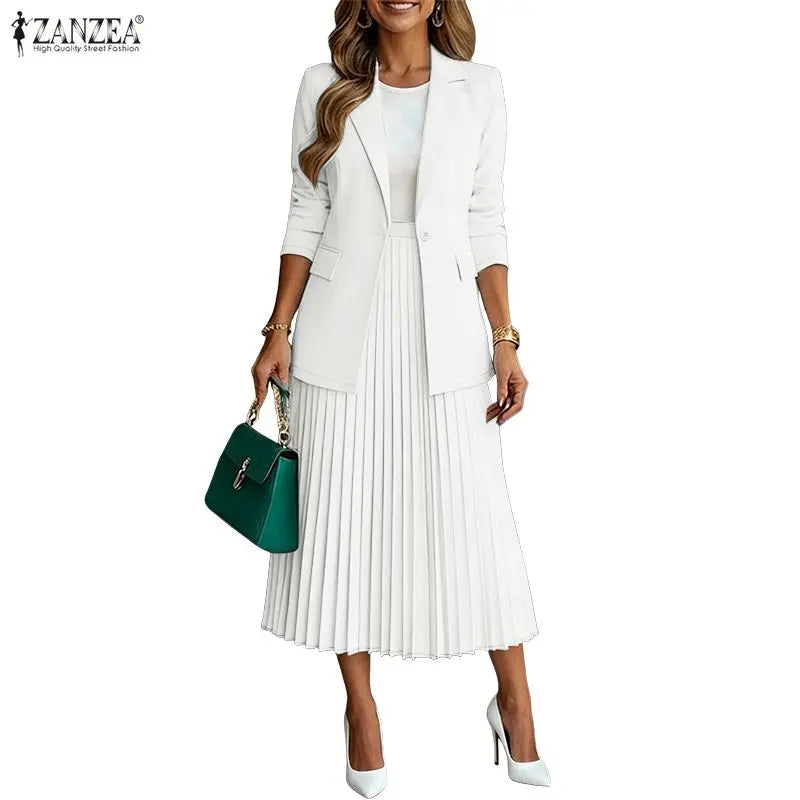 Women's Elegant Office Wear Skirt Suits Long Sleeve Blazer & A-Line Pleated Skirt 2 Pieces Sets ZANZEA Fashion Skirt Sets Outfit Good Vibrations