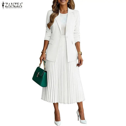 Women's Elegant Office Wear Skirt Suits Long Sleeve Blazer & A-Line Pleated Skirt 2 Pieces Sets ZANZEA Fashion Skirt Sets Outfit Good Vibrations