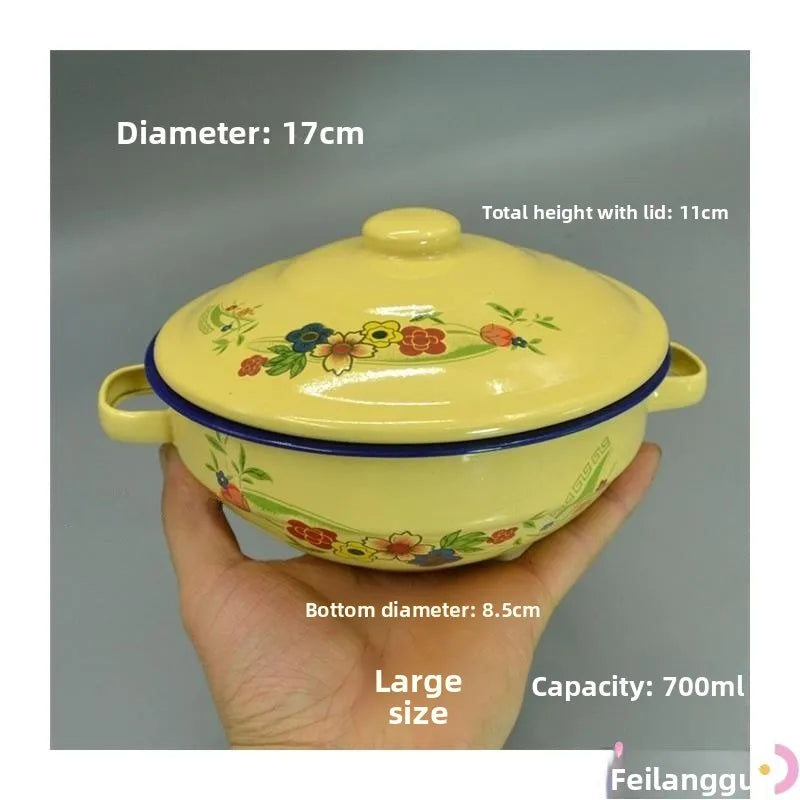 Enameled Bowl with Lid Curry Bowl Retro Sle Double Ear Pork Fat Basin Nostaic Children Iron Bowl Blue Glaze Enamelware Good Vibrations