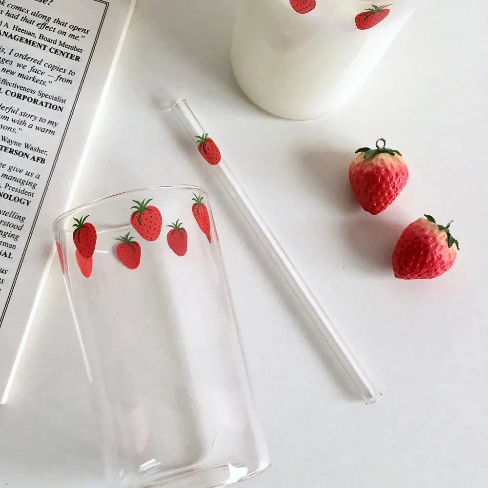 300ml Strawberry Cute Glass Cup With Straw Creative Transparent Water Cup Student Milk Heat Resistant Glass Nana Good Vibrations