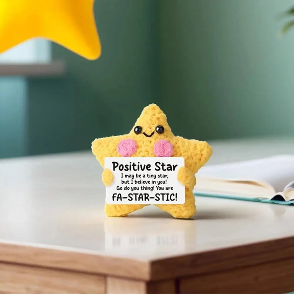 Cute Handwoven Positive Energy Star Ornaments Pocket Hug Crochet Doll Mini Handmade Knitted Plush Home Room Decor Party Gift Good Vibrations