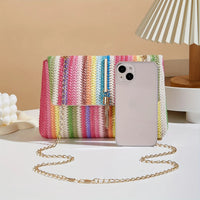 Chic Rainbow Stripe Straw Crossbody Bag for Women Adjustable Shoulder Strap Magnetic Closure Tassel Accent, Fashion Square Purse Good Vibrations