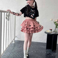 Outfits Y2K Bow Children Cake Skirt Set Pleated Teenagers T-shirt Skirt Suit Sweet Slim Fit Girls Clothes Set Summer Good Vibrations