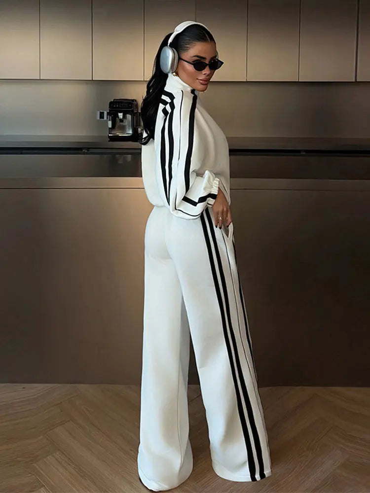 Stripe Contrasted Sweatshirt Pant Set Women Casual Stand Collar Full Sleeve Zippers Sport Coat Wide Leg Trousers 2 Piece Sets Good Vibrations