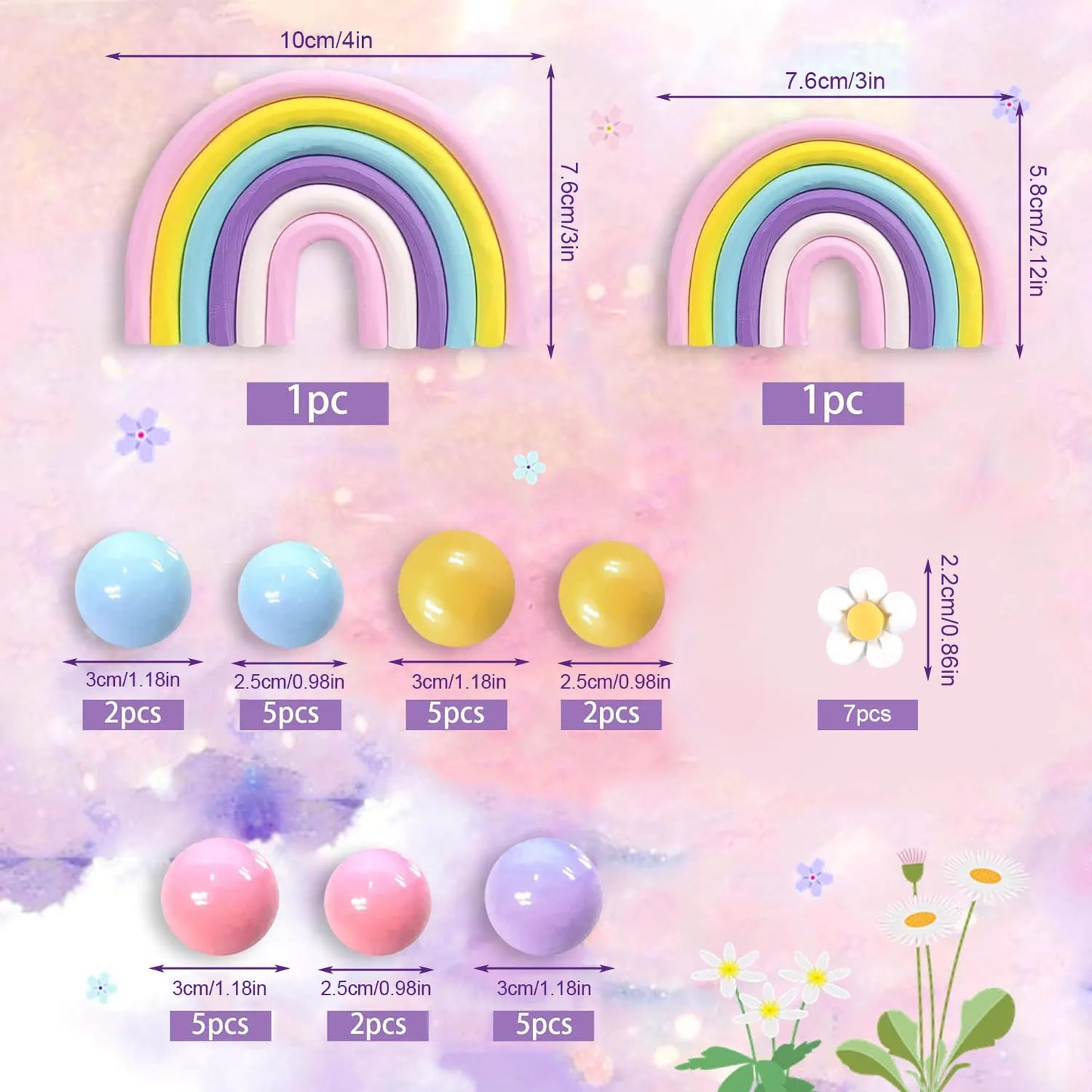 Boho Hippie Cake Toppers 35PCS - Flower & Rainbow Ball Decor for Girl Birthday Party, Room & Nursery Theme Decorations Good Vibrations