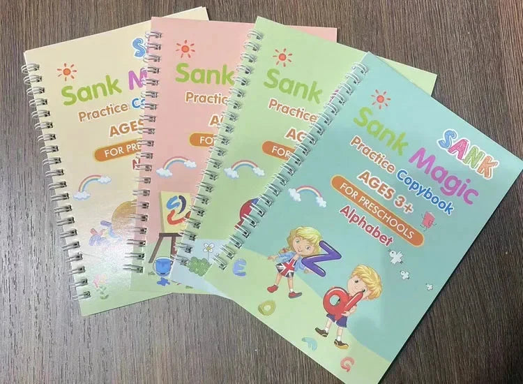 4 Books Montessori SANK English Magic Copybook Reusable Writing Practice 3D Calligraphy Book Wipe-free Education Books Good Vibrations