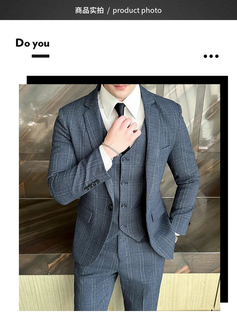 Quality Three-piece Suit Vest Trousers Set for Men Korean Fashion Slim Fit Business Casual Wedding Handsome Style