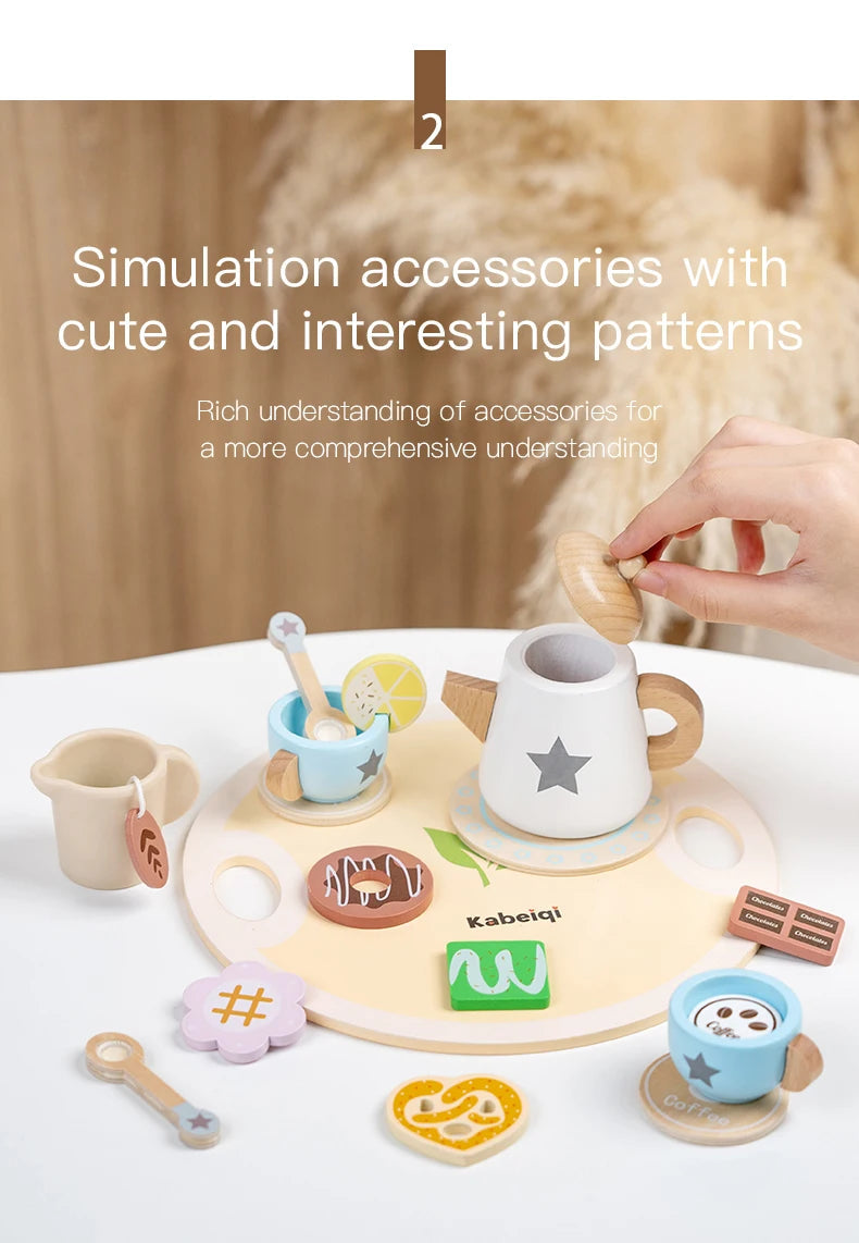 Wooden Kitchen Play Toys Kitchen Simulation Tea Set Afternoon Tea Activity Games Pretend Play Kitchen Accessories Toy for Kids Good Vibrations