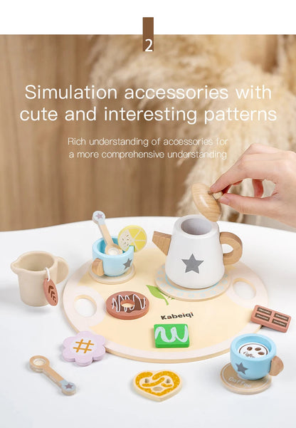 Wooden Kitchen Play Toys Kitchen Simulation Tea Set Afternoon Tea Activity Games Pretend Play Kitchen Accessories Toy for Kids Good Vibrations