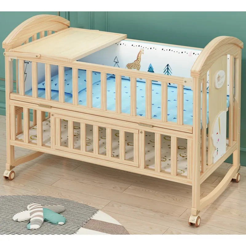 Comfortable Baby Bed,Solid Wood,Movable,with Diaper Changing Table and Mosquito Net,Multifunctional Baby Bed, Adjustable Height Good Vibrations