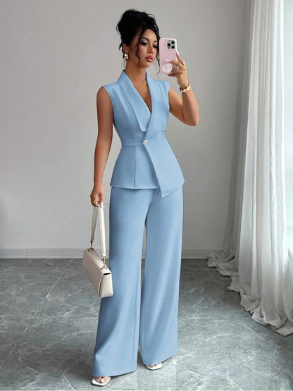 Women's Elegant 2 Piece Outfit Sleeveless V-Neck Single Button Blazer Vest and Wide Leg Pants Set Business Office Workwear Sui Good Vibrations