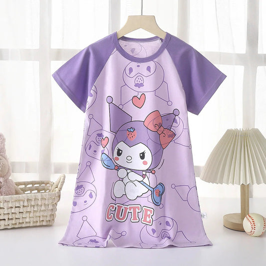 Girls Nightdress Pure Cotton Girl Short-sleeved Air Clothing Thin Section Home Service Children's Pajamas Nightdress Good Vibrations