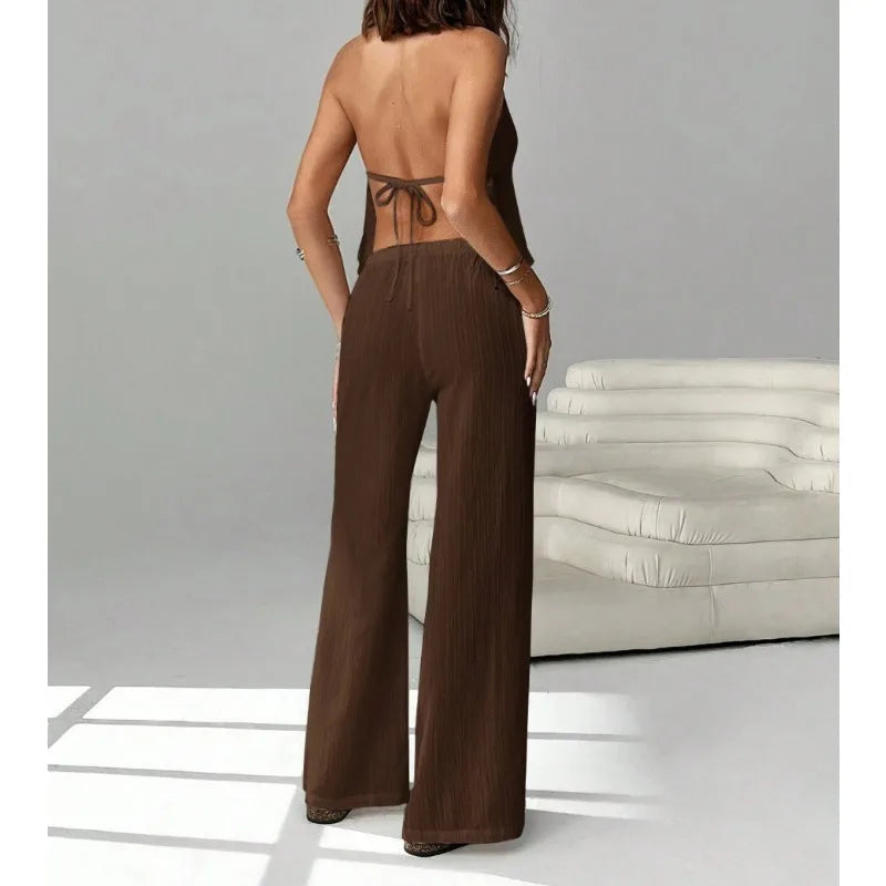 Women 2 Piece Outfits Halter Backless Tie Up Crop Top and Wide Leg Pants Casual Summer Vacation Two Piece Loungewear Tracksuit Good Vibrations