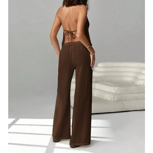 Women 2 Piece Outfits Halter Backless Tie Up Crop Top and Wide Leg Pants Casual Summer Vacation Two Piece Loungewear Tracksuit Good Vibrations