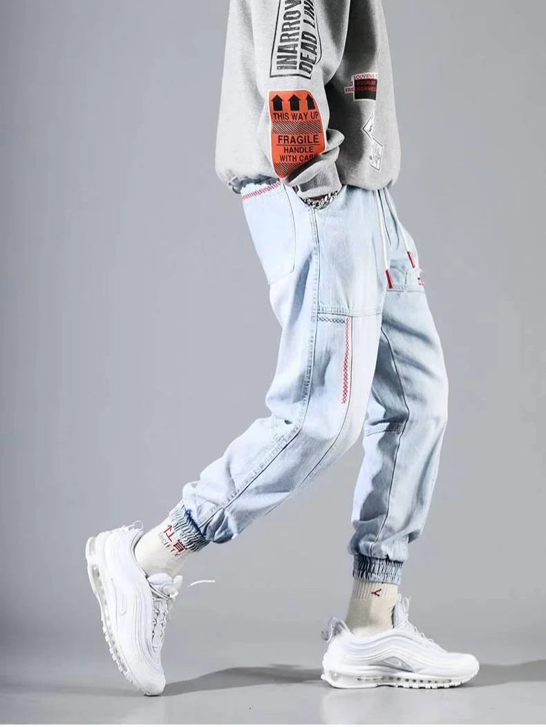 S-5XL Baggy Denim Pants for Men Autumn/winter Trendy Loose Cargo Jeans Casual Korean Slim Legged Male Hip-Hop Capri Pants Blue Good Vibrations