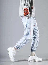 S-5XL Baggy Denim Pants for Men Autumn/winter Trendy Loose Cargo Jeans Casual Korean Slim Legged Male Hip-Hop Capri Pants Blue Good Vibrations