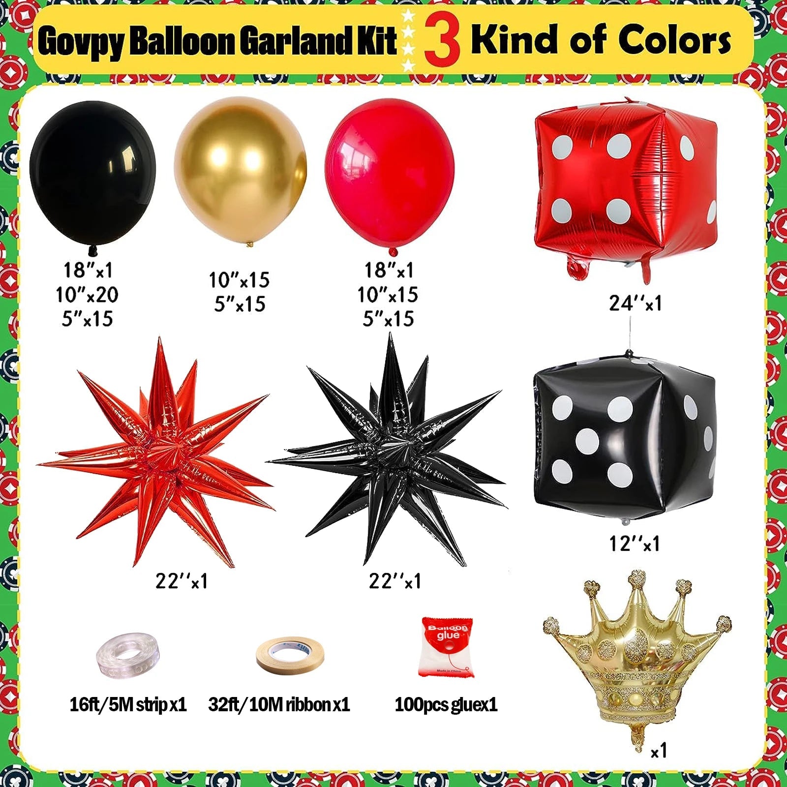 Casino Party Theme Dice Balloon Set, Crown Starburst Balloon, Suitable for Casino Decoration and Birthday Parties Good Vibrations