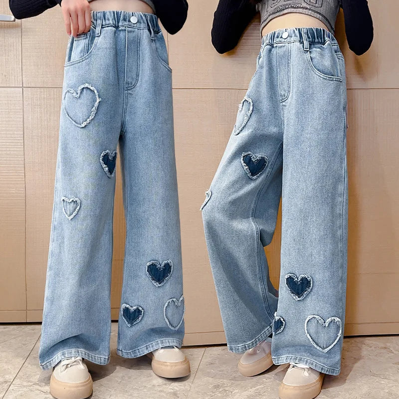 2025 Spring Autumn Girls Love Rough Edges Jean Korean Version Style Kids Middle Waist Cowboy Pants Elastic Waist Long Pants Good Vibrations