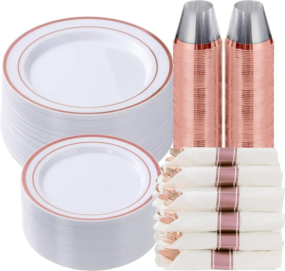 NEW 350 Piece Rose Gold Plastic Dinnerware Set for Party, Include: 50 Dinner Plates, 50 Dessert Plates, 50 Pre Rolled Napkins Good Vibrations