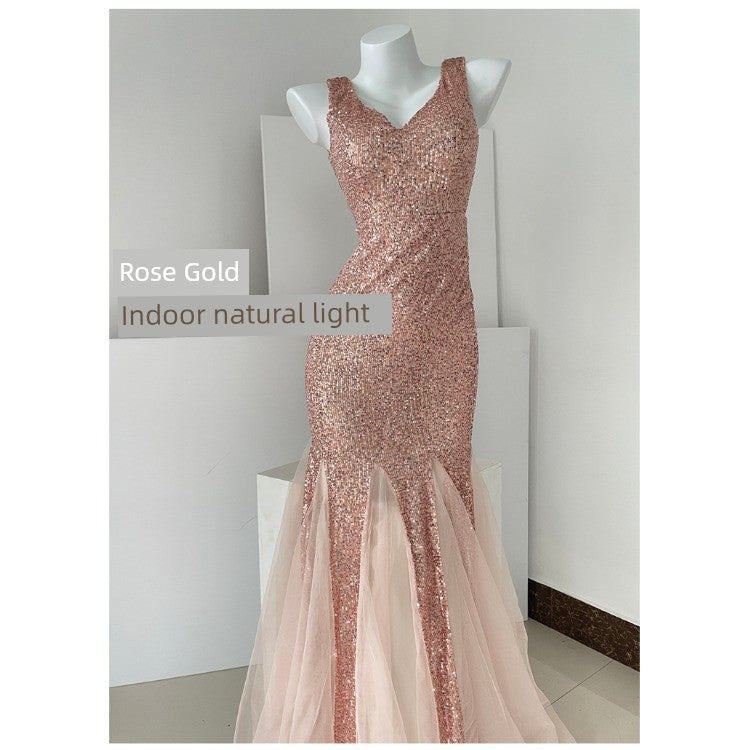 Fairy Lady Super Fairy Mori Style Evening Gown Women's New Arrival Banquet Temperament Elegance Annual Meeting Long Style Fishtail Sequins Sexy Gown Good Vibrations