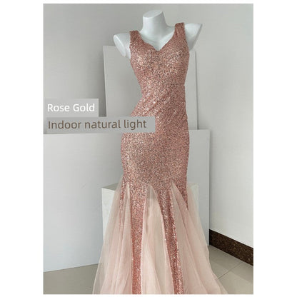 Fairy Lady Super Fairy Mori Style Evening Gown Women's New Arrival Banquet Temperament Elegance Annual Meeting Long Style Fishtail Sequins Sexy Gown Good Vibrations