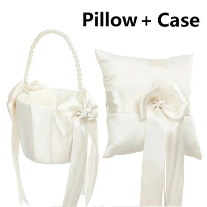 Flower Girl Basket Ring Bearer Pillow Set White Romantic Satin Bow Pearls Ring Pillow For Bride/Kid Wedding Ceremony Party Decor Good Vibrations