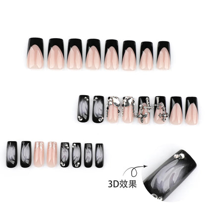 24pcs Glossy Black Fake Nails For Spicy Girls Shimmery Rhinestone French Style Cross Press On Nail Mid-length Coffin Cool Nails Good Vibrations