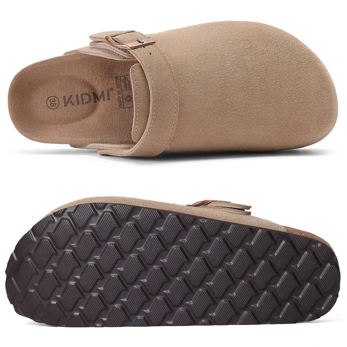 Comwarm Women's Suede Clogs with Adjustable Strap Cork Footbed Leather Mules Slippers Unisex Outdoor Comfortable Potato Shoes Good Vibrations