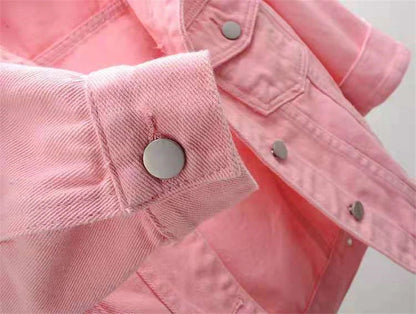 2024 New Women Spring Autumn Denim Jacket Tops Pink Color Solid Short Multicolor Feminino Three Quarter Sleeve Jean Jacket Good Vibrations