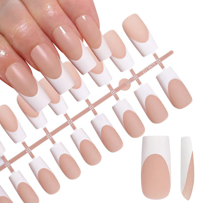120pcs Pink French Tip Press-On Nails Medium Length Square Shape With Glossy Finish False Nails Full Cover Pre-Shaped Fake Nails Good Vibrations