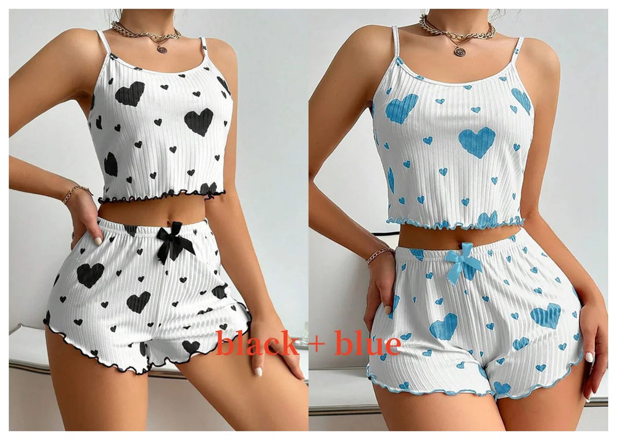 Women's Pajamas Set Sleepwear 2 PCS Short Tank Tops And Shorts S M L White Ventilate Soft Casual Love Printing Good Vibrations
