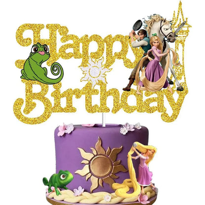 Princess Cake Toppers for Girls Birthday Cake Decoration Cinderella Mermaid Rapunzel Cake Toppers Pink Glitter Cake Flag Good Vibrations