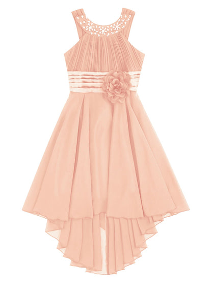 Kids Wedding Flower Girls Party Dress Sleeveless Ruched Shiny Beaded Hi-low Hem Elegant Chiffon Dress for Birthday Evening Prom Good Vibrations