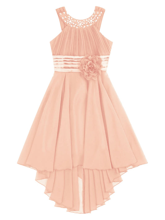 Kids Wedding Flower Girls Party Dress Sleeveless Ruched Shiny Beaded Hi-low Hem Elegant Chiffon Dress for Birthday Evening Prom Good Vibrations