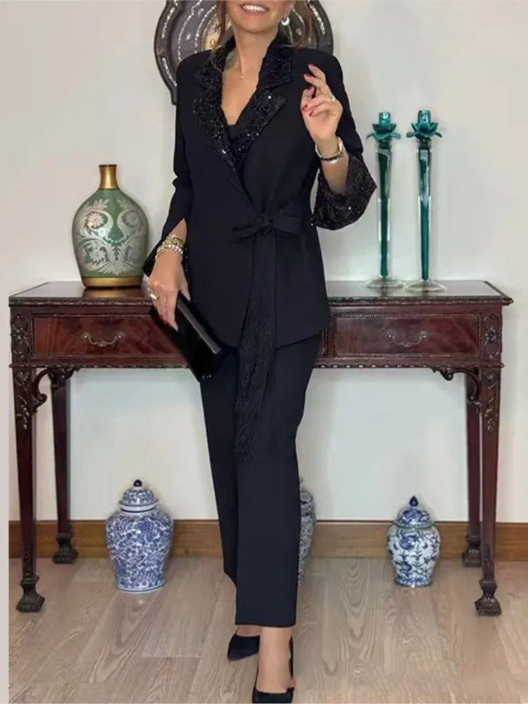 Autumn New Women's Fashion Elegant Suits Suit Tops And Trousers For Women Elegant Casual Black Office Woman 2 Piece Set Outfit Good Vibrations