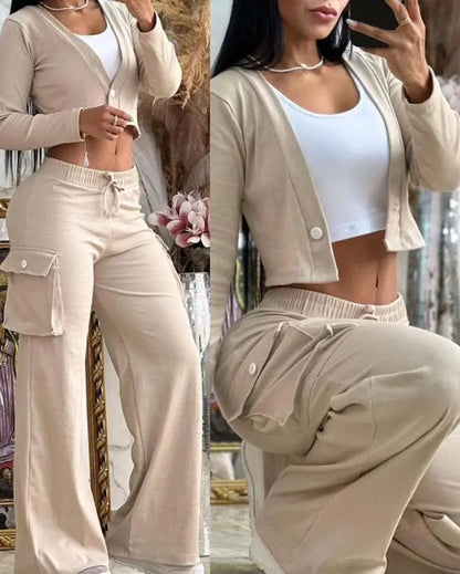 Women's Spring Summer New Fashionable Solid Color Printed Sexy Waist Short Top Casual Pants Set For Women Good Vibrations