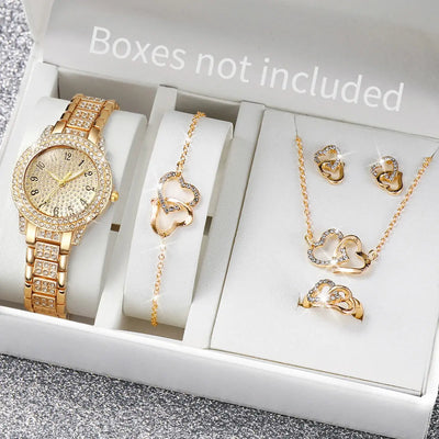 6PCS/Set Women's Watch Fashion Rhinestone StainlessSteel Band Quartz Watches Heart Jewelry Set